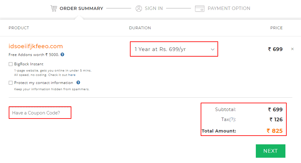 BigRock Order Summary